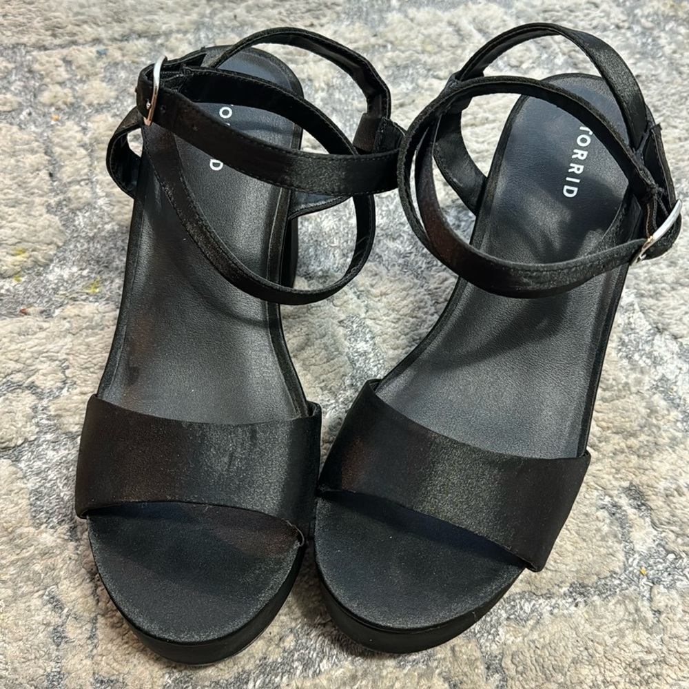 Black satin platform heels